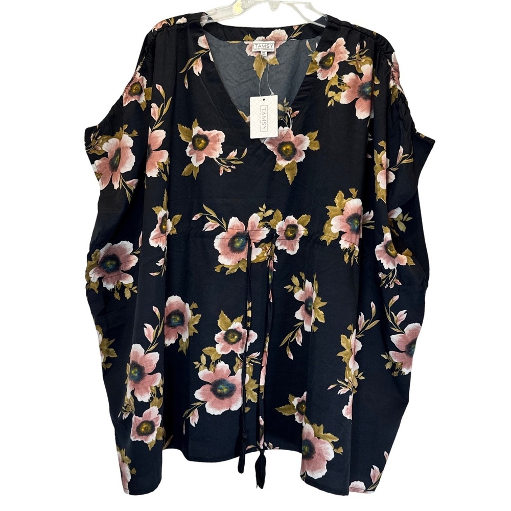 NEW Tunic Top One Size Drawstring Tamsy‎ Black Floral V Neck Made in India